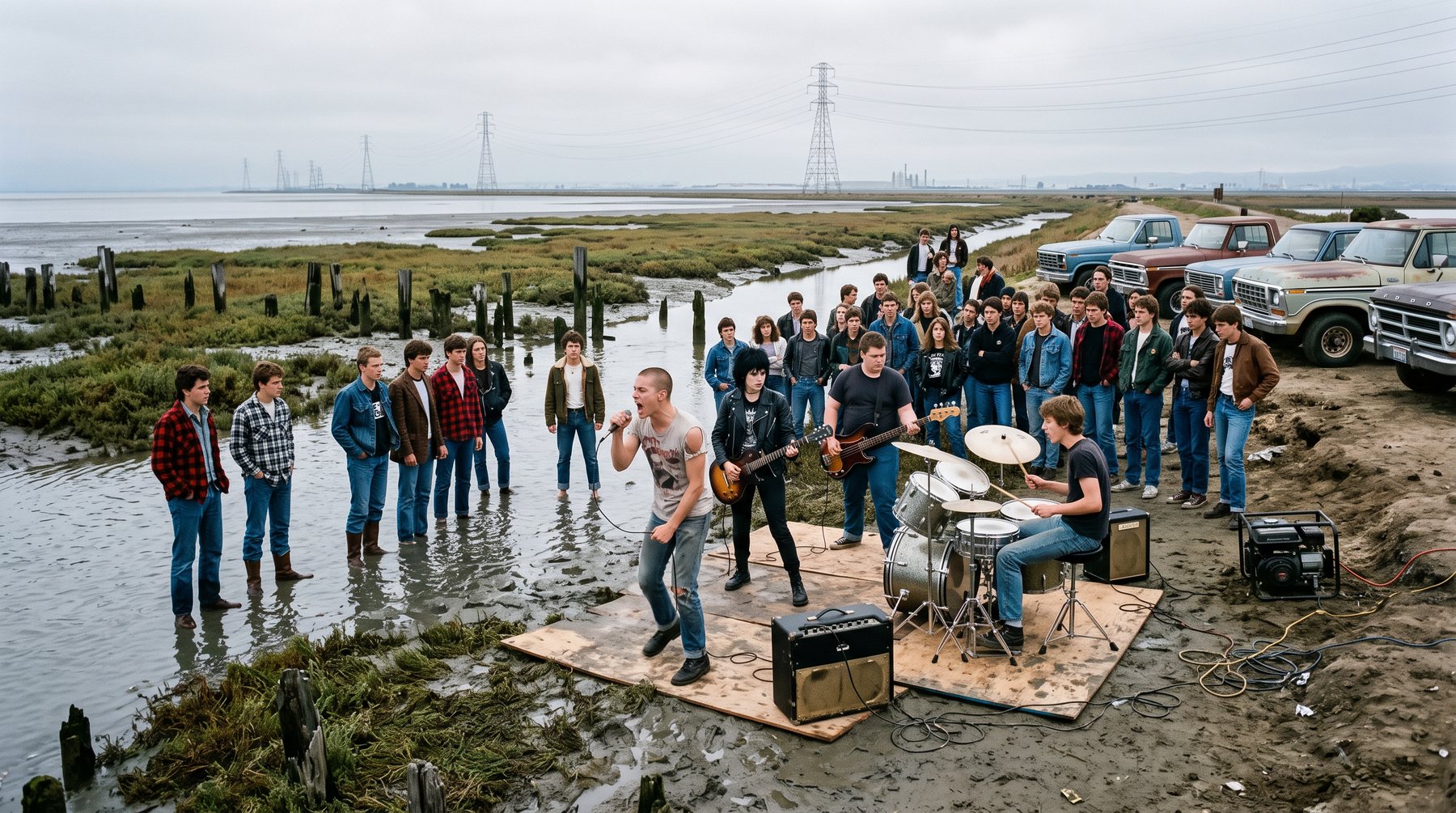 A small punk show on a tidal sandbar, water creeping in around the amplifiers