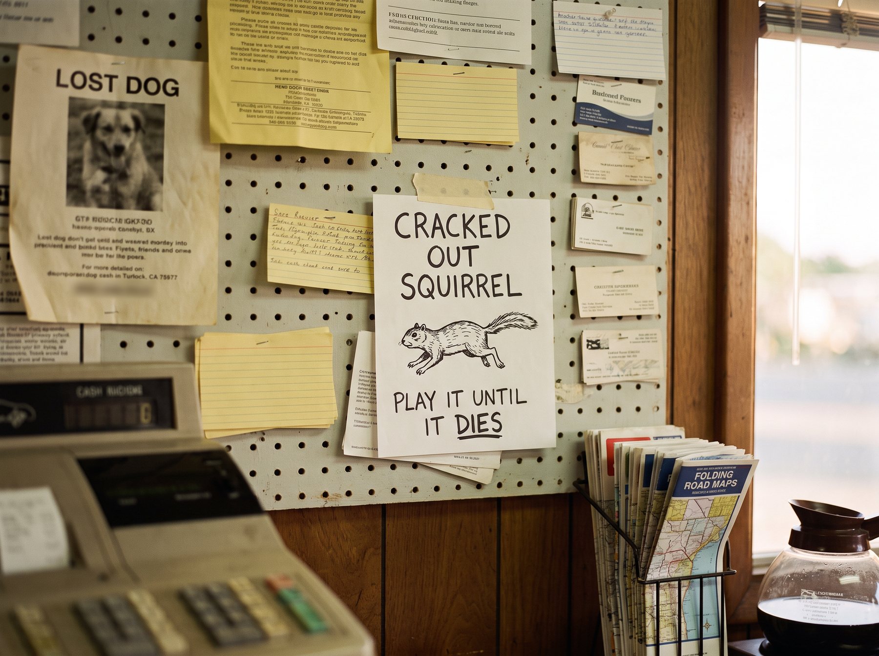 A gas-station bulletin board by the register, layered with photocopied flyers